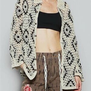 POL Black and Cream Open Knit Cardigan